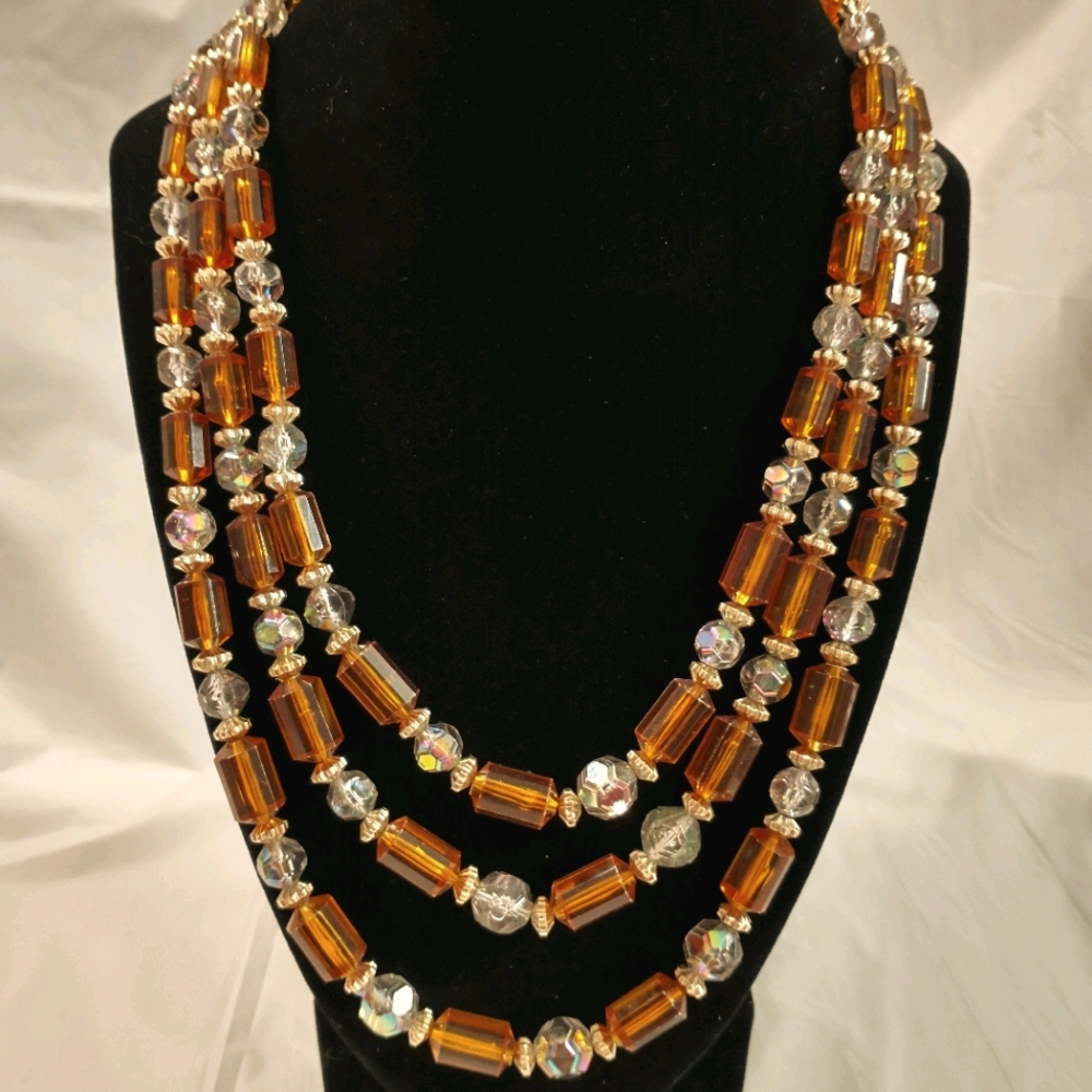 Three-stranded Amber-Colored Triple Bead Necklace
